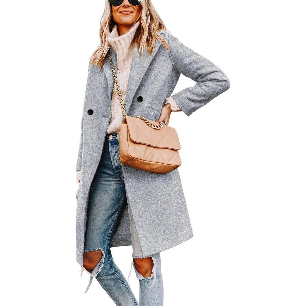 🆕Women's Light grey Winter Wool Coat Casual Notch Lapel Single-Breasted Peacoat